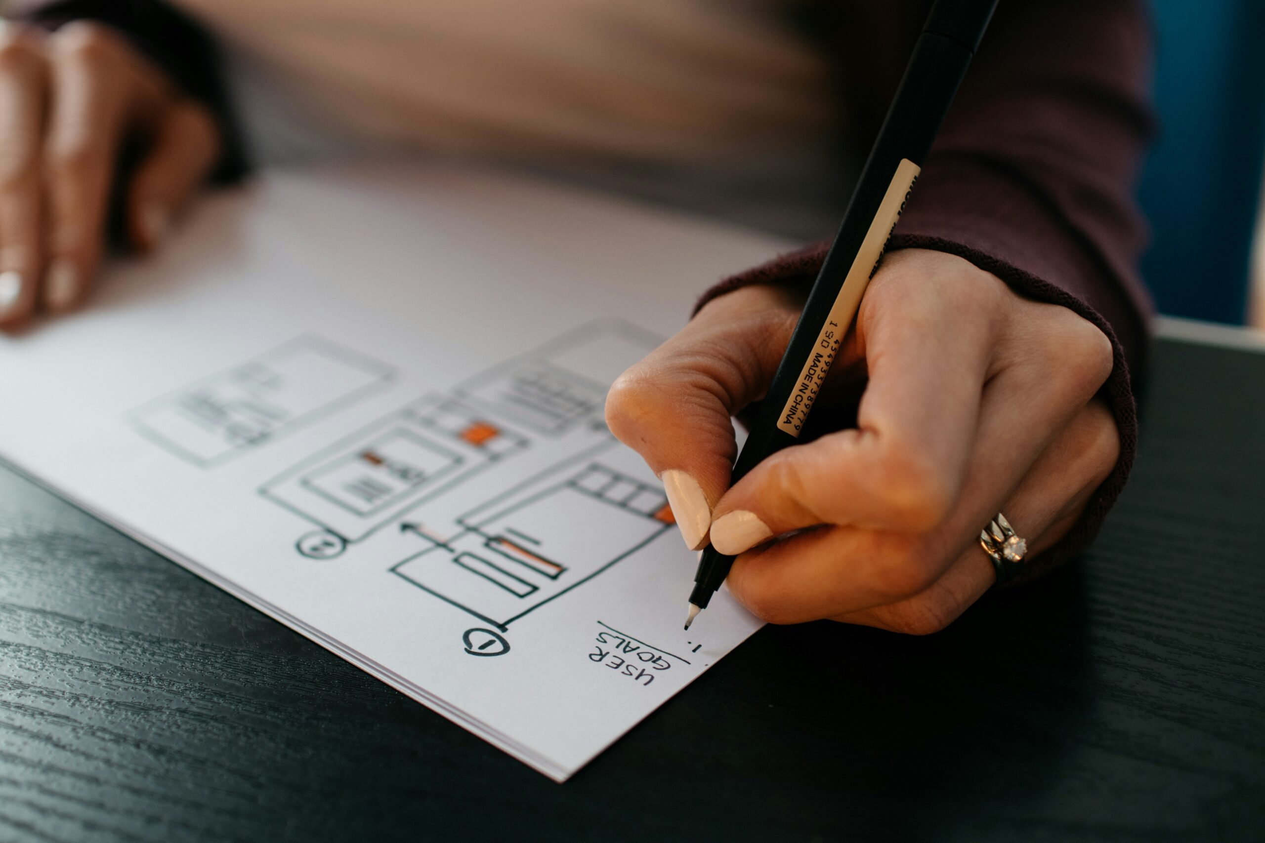 A close-up of a person sketching a wireframe or layout on paper with a black pen, drawing boxes and labels for a design concept. Photo by Kelly Sikkema on Unsplash