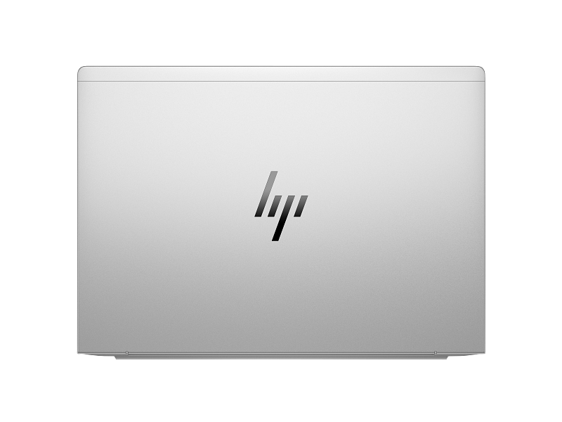 Top-down view of silver HP laptop, showcasing the HP logo.