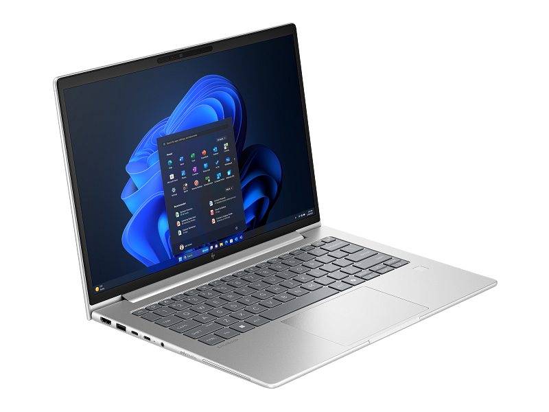 HP laptop open at an angle, showcasing the monitor and keyboard