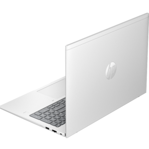HP silver laptop rear left view, showcasing the logo and part of the keyboard.