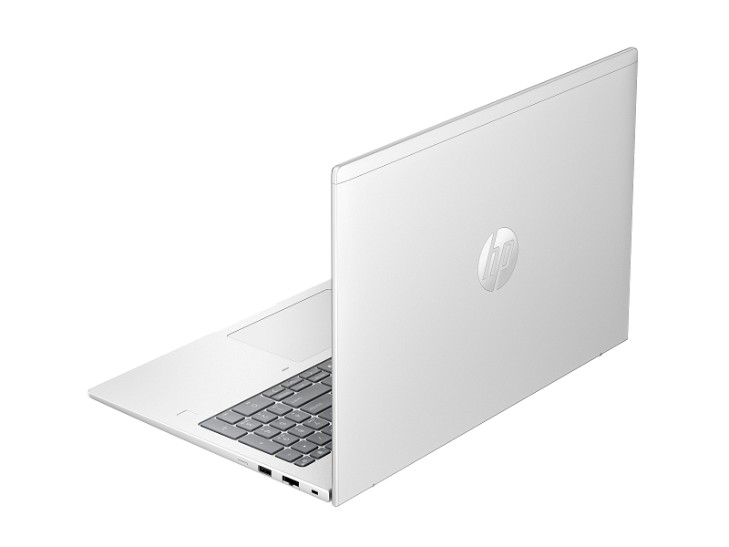 HP silver laptop rear left view, showcasing the logo and part of the keyboard.