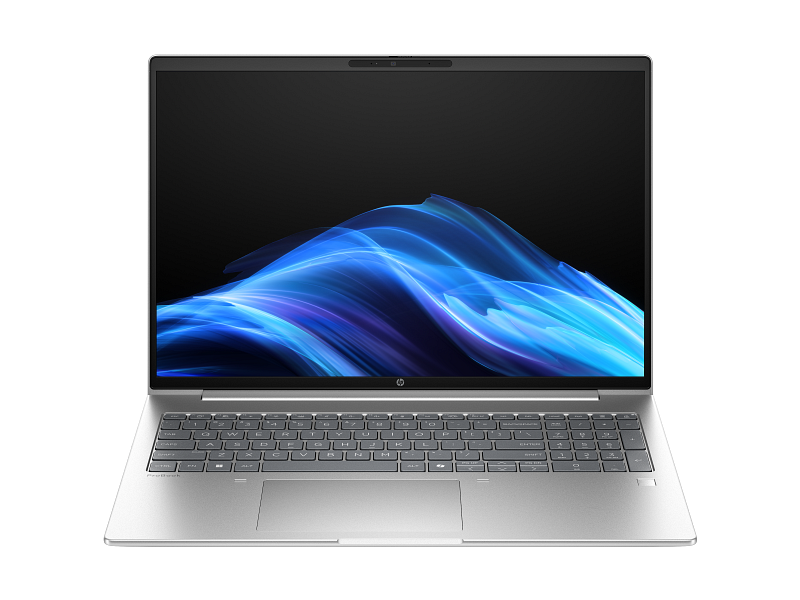 HP silver laptop front view, open, showcasing the monitor and keyboard.