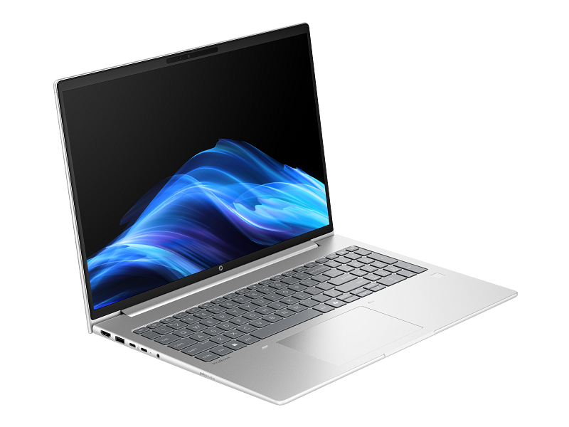 HP silver laptop front right view, open, showcasing the monitor and keyboard.